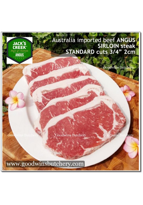 Beef Sirloin / Striploin / Porterhouse / Has Luar Australia BLACK ANGUS STEER (young cattle) Jack's Creek frozen STEAK STANDARD CUTS 3/4" 2cm (price/kg 3-4pcs)